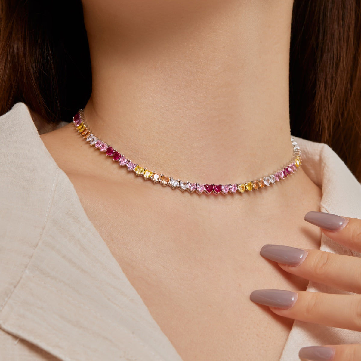 [Olivia JW]Sparkling Colorful Full Heart Tennis Necklace