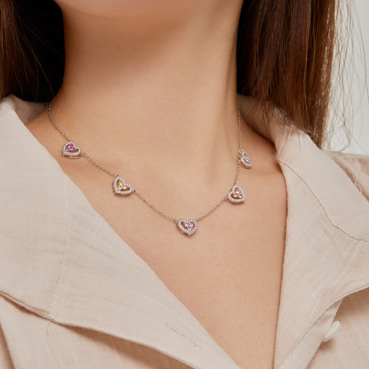 [Olivia JW]Sparkling Five Heart Necklace