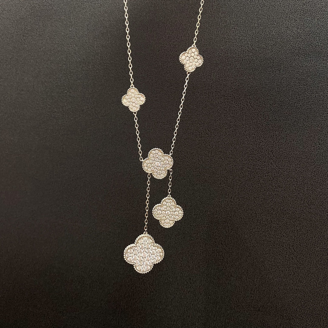 [Olivia JW]CLOVER 5 MOTIFS SILVER DIAMONDS NECKLACE
