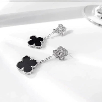 [Olivia JW]CLOVER 2 MOTIFS  DIAMOND ONYX EARRINGS SILVER