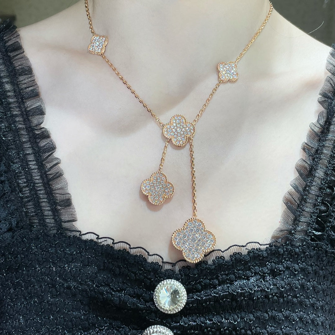 [Olivia JW]CLOVER 6 MOTIF DIAMOND PAVED NECKLACE