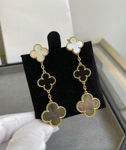 [Olivia JW]CLOVER 3 MOTIF MOP ONYX DARK MOP PINK GOLD EARRINGS