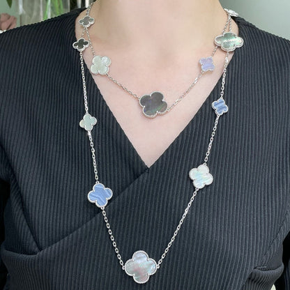 [Olivia JW]CLOVER 16 MOTIF CHALCEDONY MOP SILVER NECKLACE