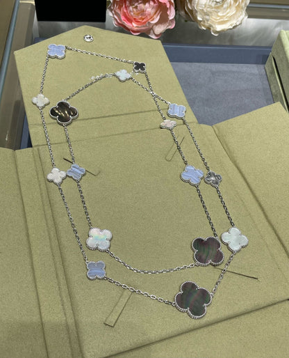 [Olivia JW]CLOVER 16 MOTIF CHALCEDONY MOP SILVER NECKLACE
