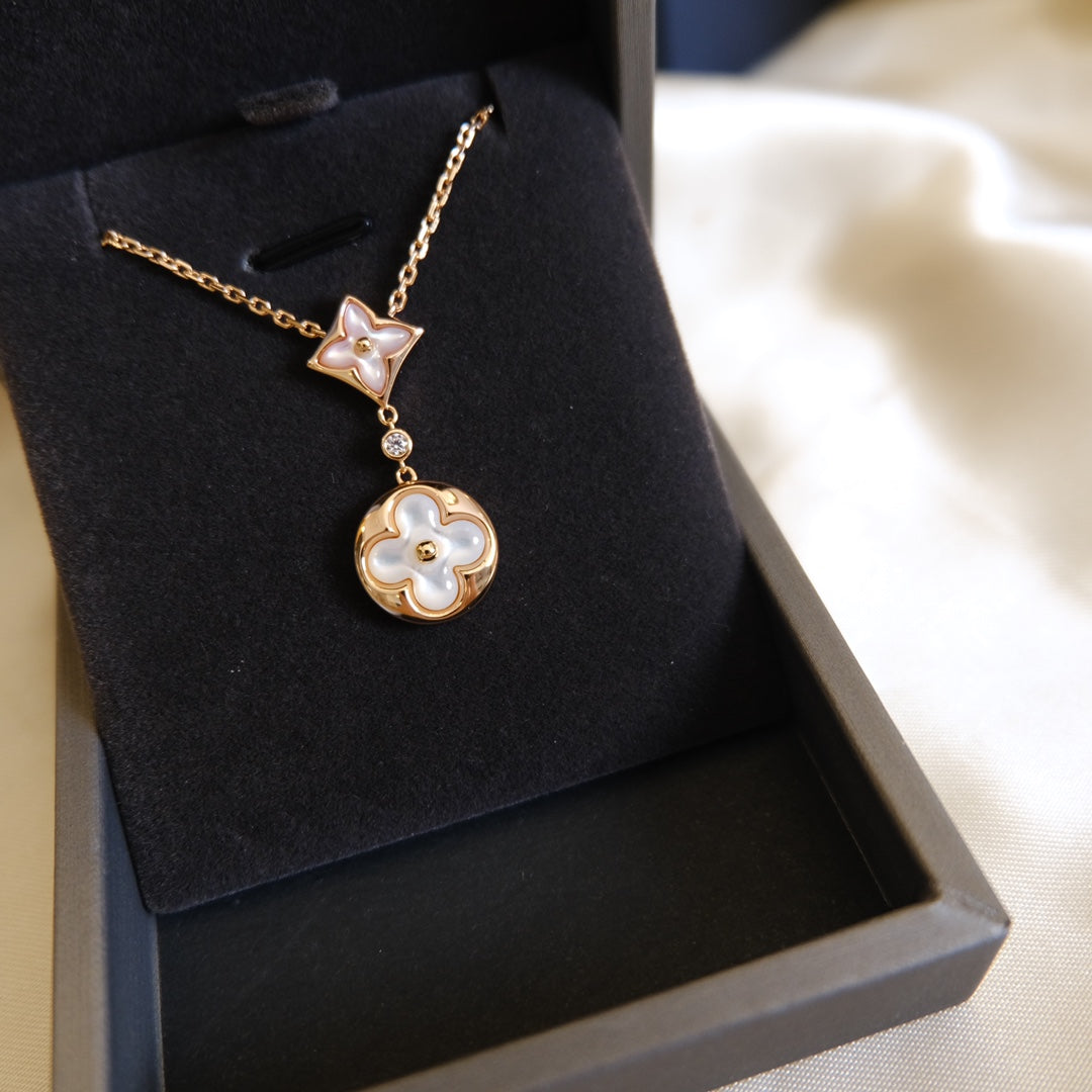 [Olivia JW]STAR AND SUN WHITE MOP 2 MOTIF PINK GOLD NECKLACE
