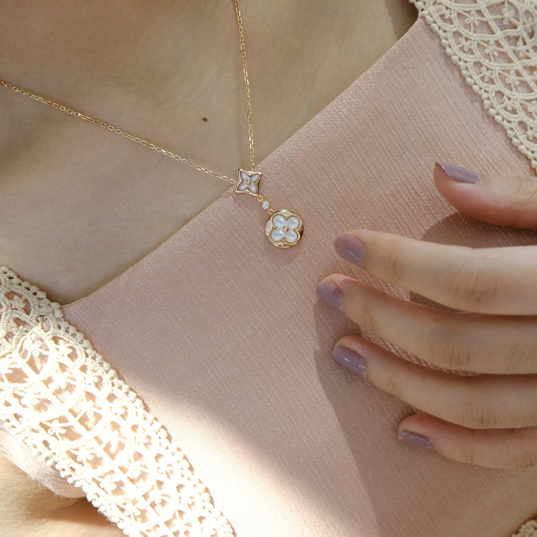 [Everoly JW]STAR AND SUN WHITE MOP 2 MOTIF PINK GOLD NECKLACE
