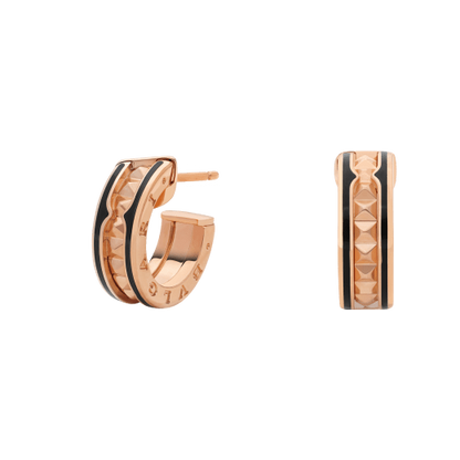 [OLIVIA]ZERO 1 ROCK PINK GOLD EARRINGS WITH STUDDED SPIRAL AND BLACK CERAMIC