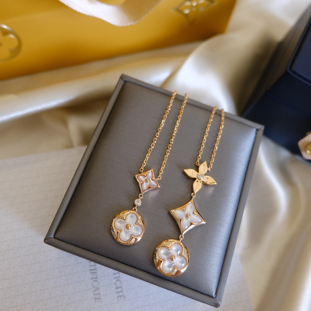 [Everoly JW]COLOR BLOSSOM LARIAT NECKLACE PINK GOLD WHITE MOTHER PEARL AND DIAMOND
