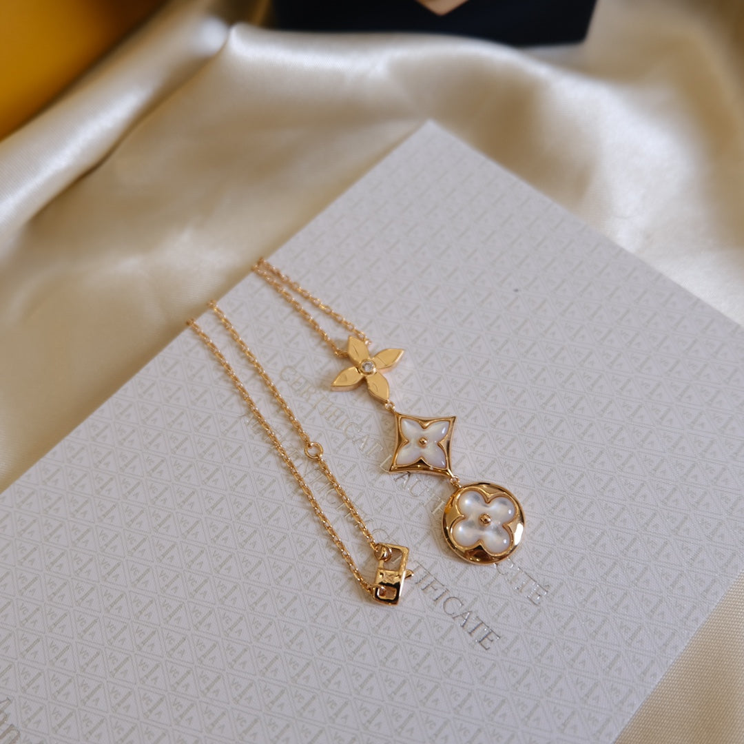[Olivia JW]COLOR BLOSSOM LARIAT NECKLACE PINK GOLD WHITE MOTHER PEARL AND DIAMOND