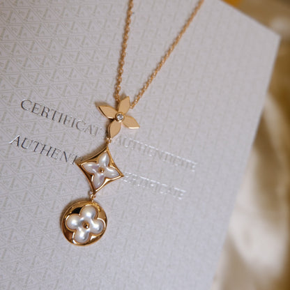 [Everoly JW]COLOR BLOSSOM LARIAT NECKLACE PINK GOLD WHITE MOTHER PEARL AND DIAMOND