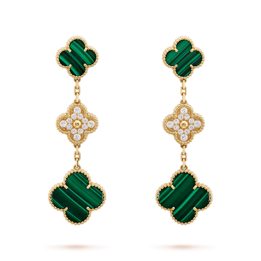 [Olivia JW]CLOVER EARRINGS GOLD MALACHITE DIAMOND 3 MOTIF